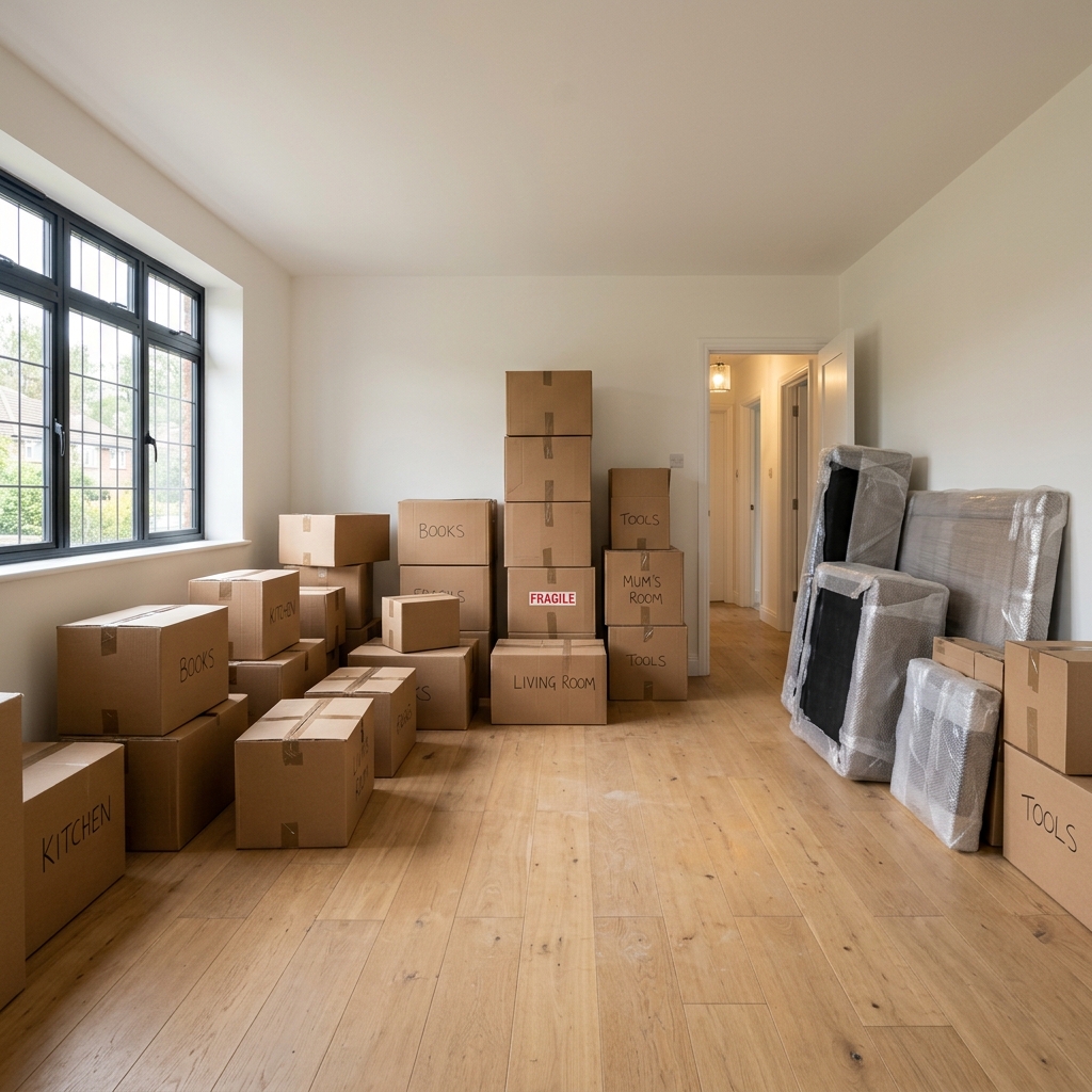 Living room full of moving boxes